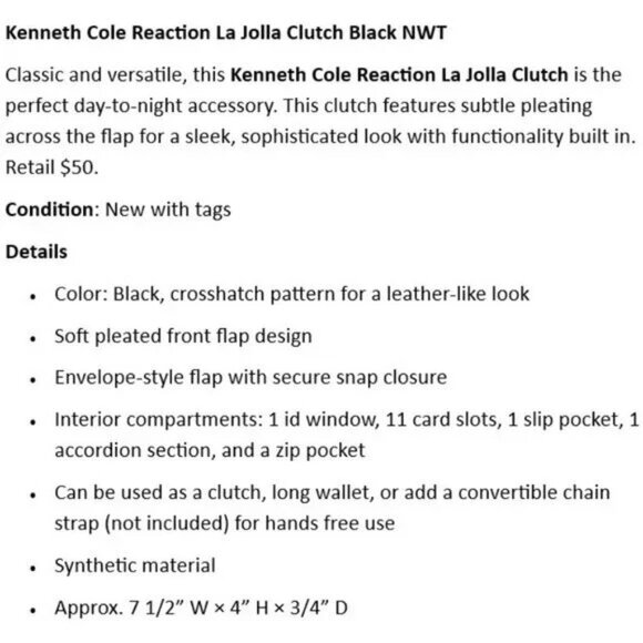 NWT Kenneth Cole La Jolla Clutch Black - Picture 4 of 5